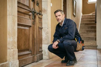 Serrurier professionnel intervenant en urgence devant une porte ancienne dans les Pays de la Loire