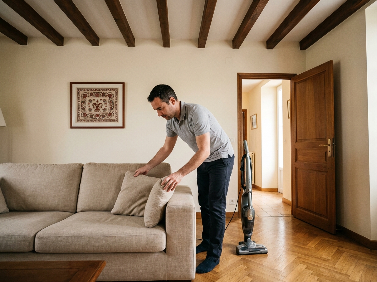 Agent d'entretien à domicile rangeant le salon d'une maison à Bayonne avec soin et professionnalisme