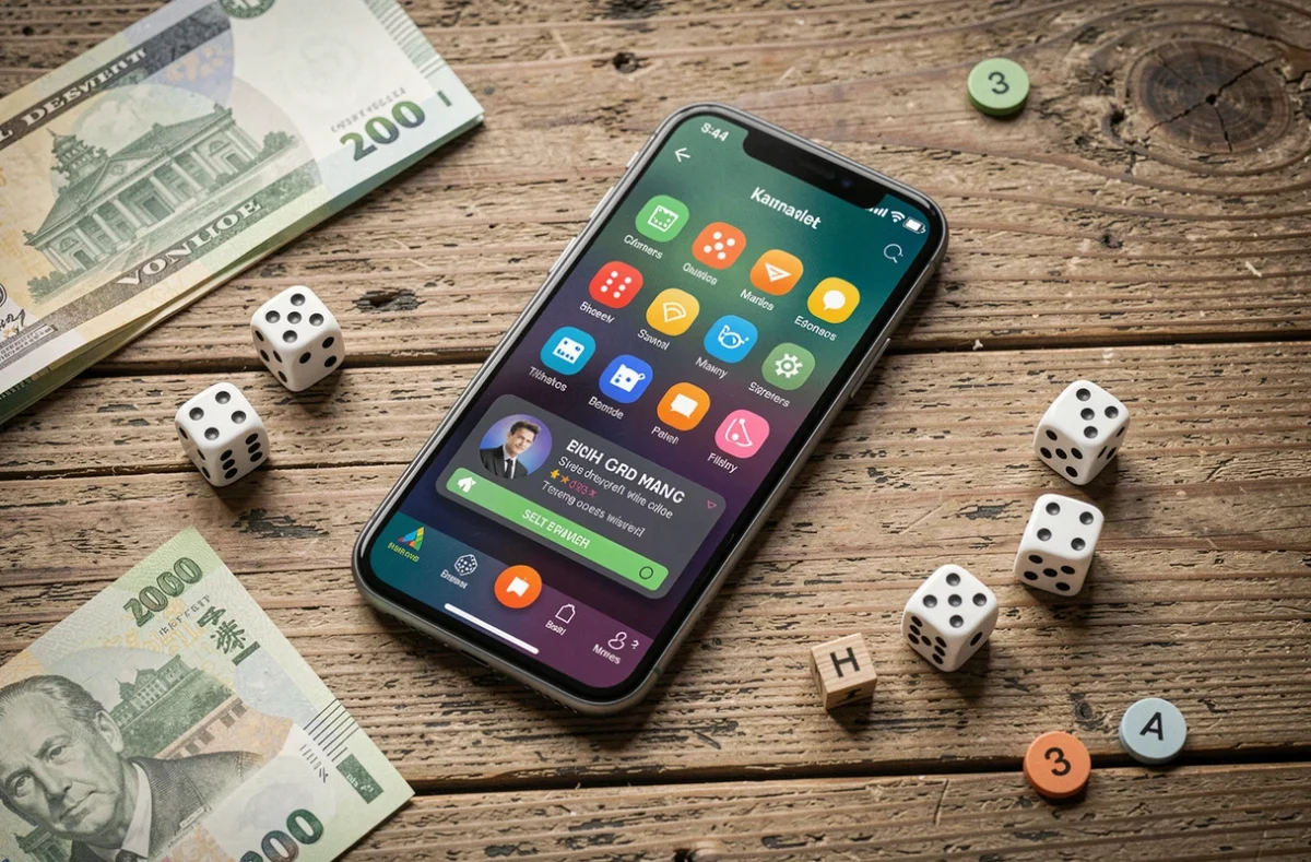 Smartphone affichant des dés gratuits Monopoly Go posé sur une table en bois avec des accessoires de jeu