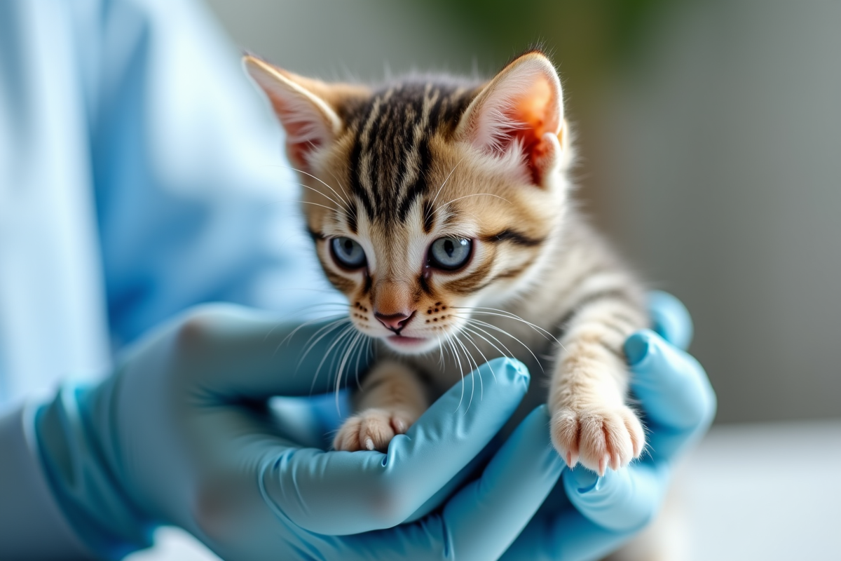 Chaton tenu par des mains gantées dans une lumière naturelle douce