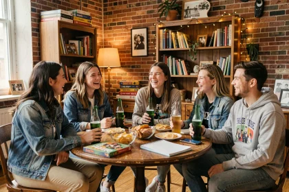 Groupe d'étudiants joyeux réunis autour d'une table lors d'une soirée étudiante réussie dans un appartement chaleureux