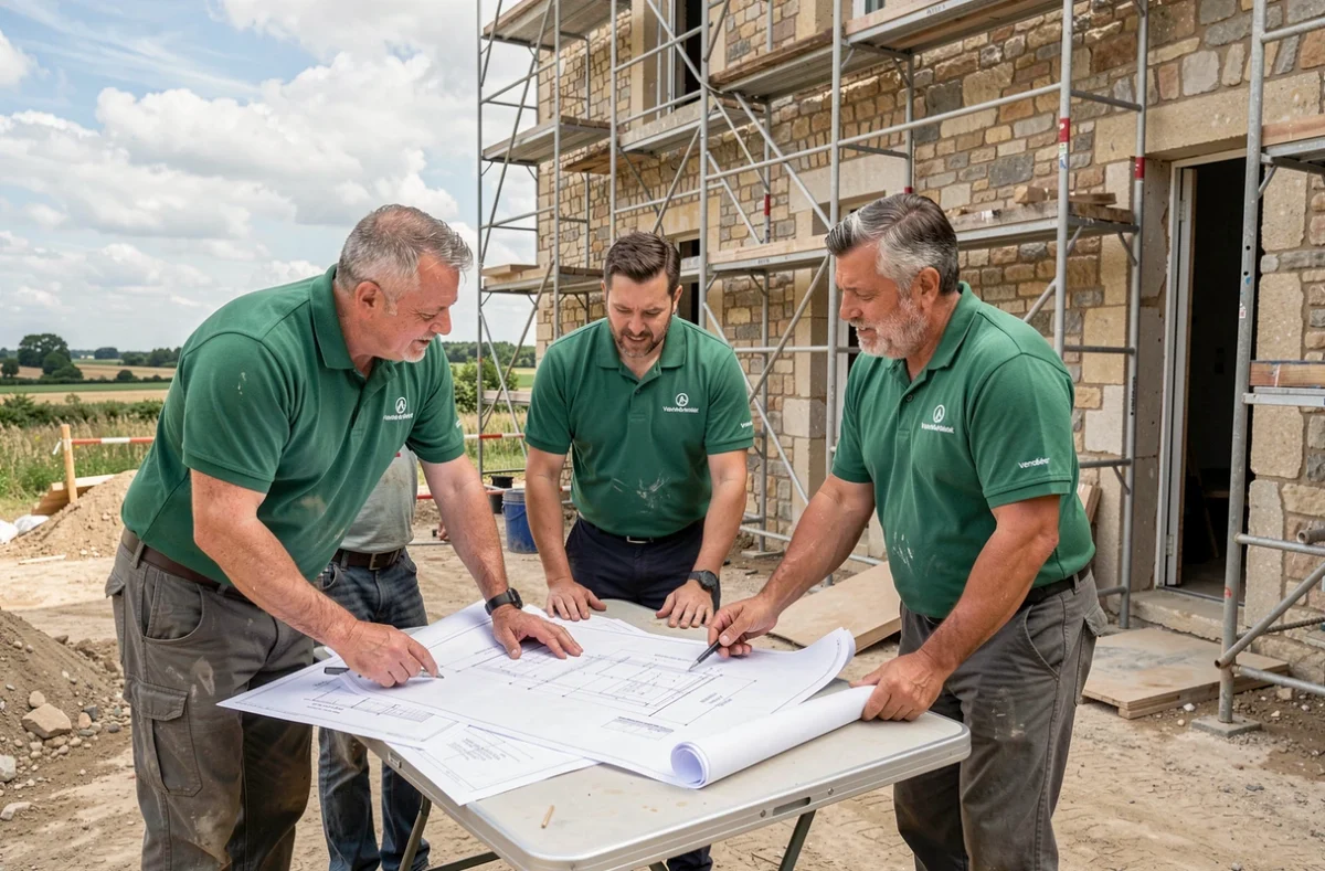 Réseau d'artisans Les Spécialistes du Bâtiment étudiant des plans de chauffage sur un chantier vendéen