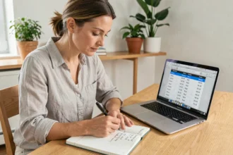 Femme consultant un tableau de conversion litres en mètres cubes sur ordinateur portable tout en prenant des notes
