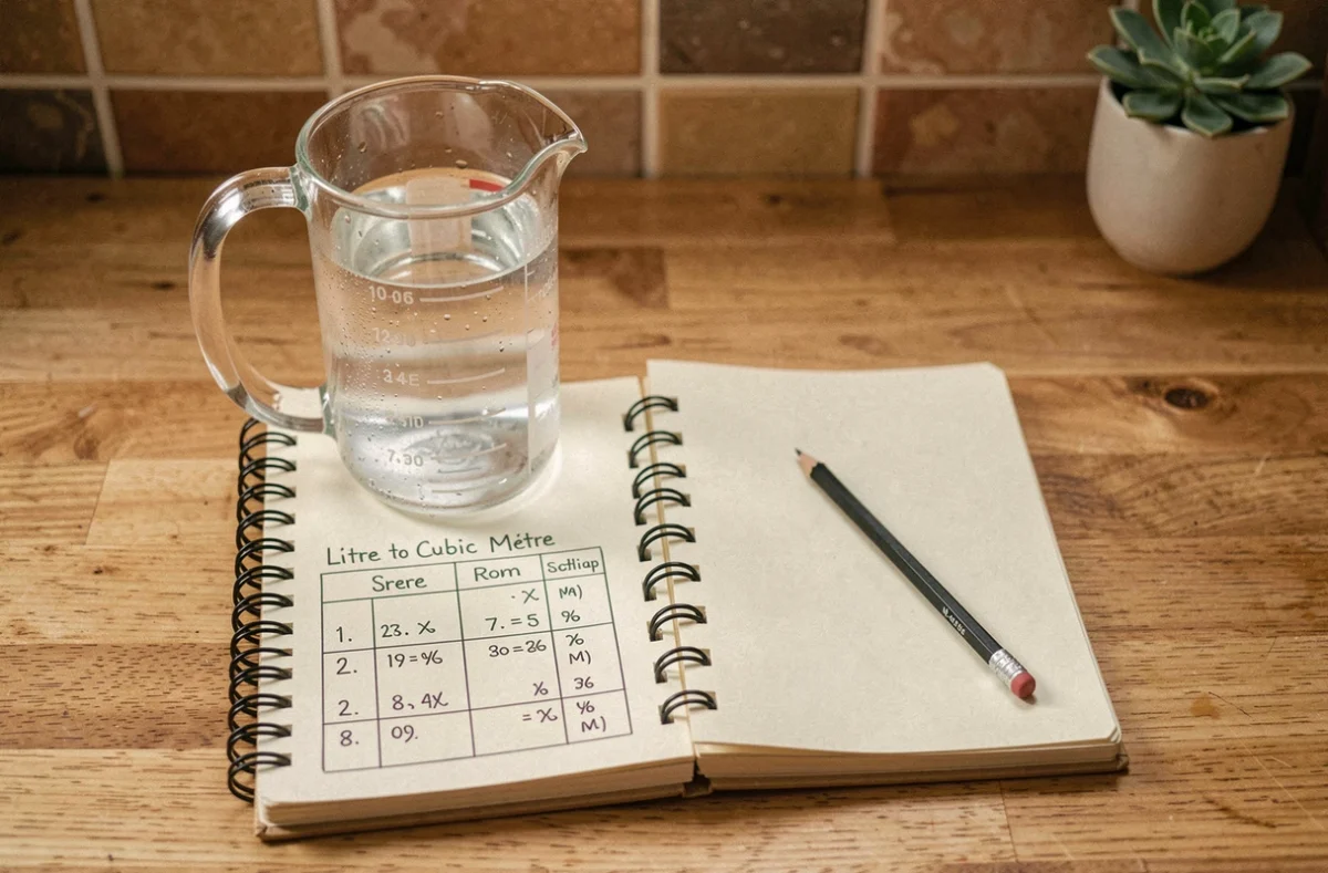 Carnet de conversion litre en mètre cube posé sur un plan de travail de cuisine à côté d'un verre doseur en verre