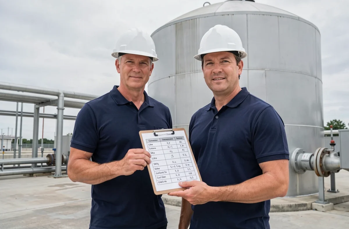 Ingénieur sur site industriel consultant un tableau de conversion litre m3 sur un porte-documents