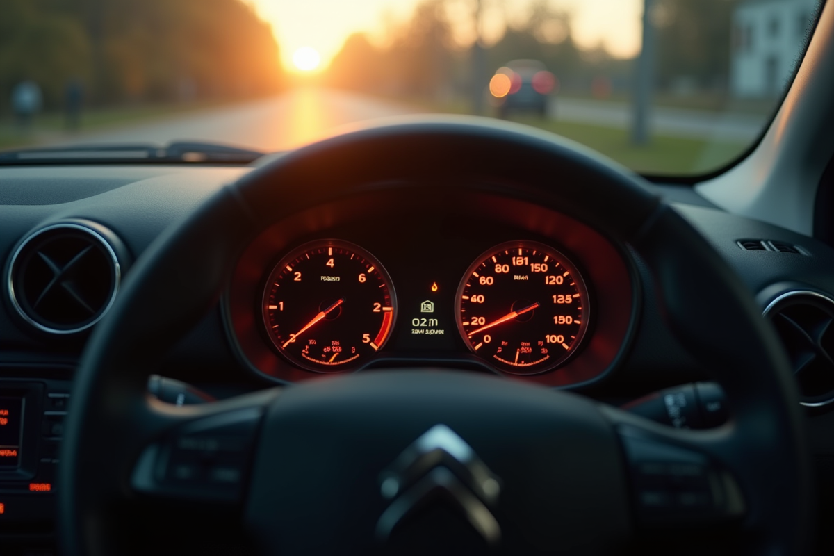 Tableau de bord Citroën avec voyant moteur allumé au soleil