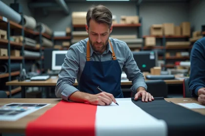 Technicien en impression de drapeau tricolore dans un atelier