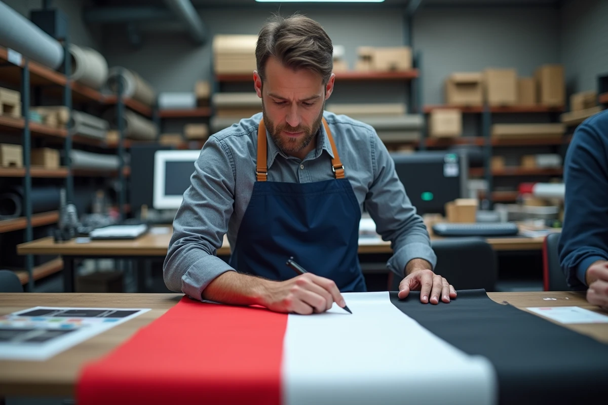 Technicien en impression de drapeau tricolore dans un atelier