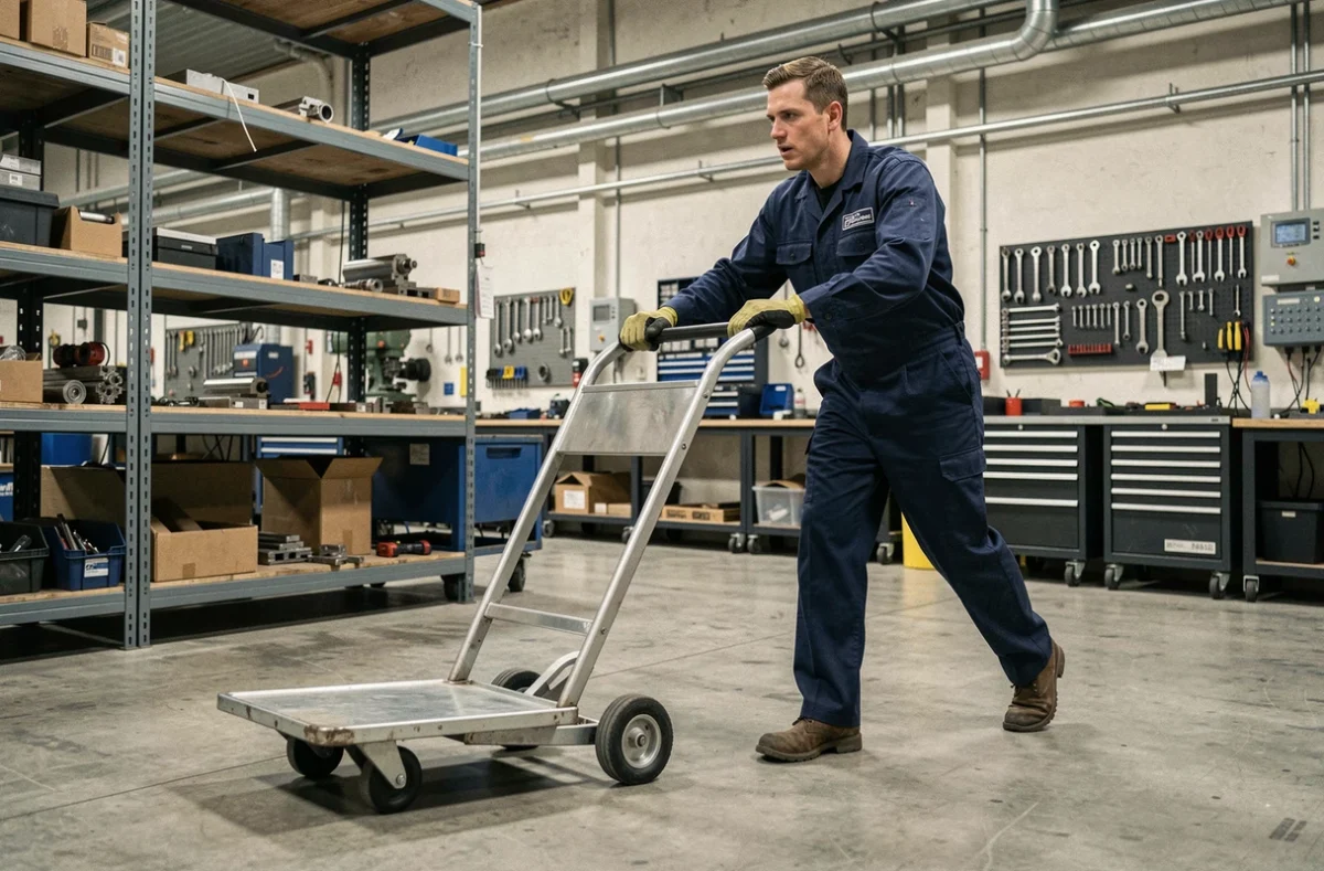 Technicien poussant un chariot métallique dans un atelier industriel illustrant le concept physique de travail mécanique et de force
