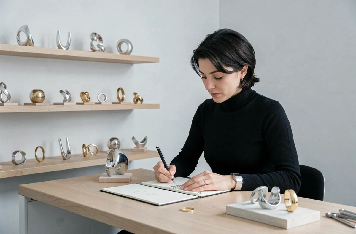 Virginie Monroe, créatrice de bijoux à Lille, dans son studio contemporain minimaliste, esquissant de nouveaux designs entourée de ses créations en argent et or