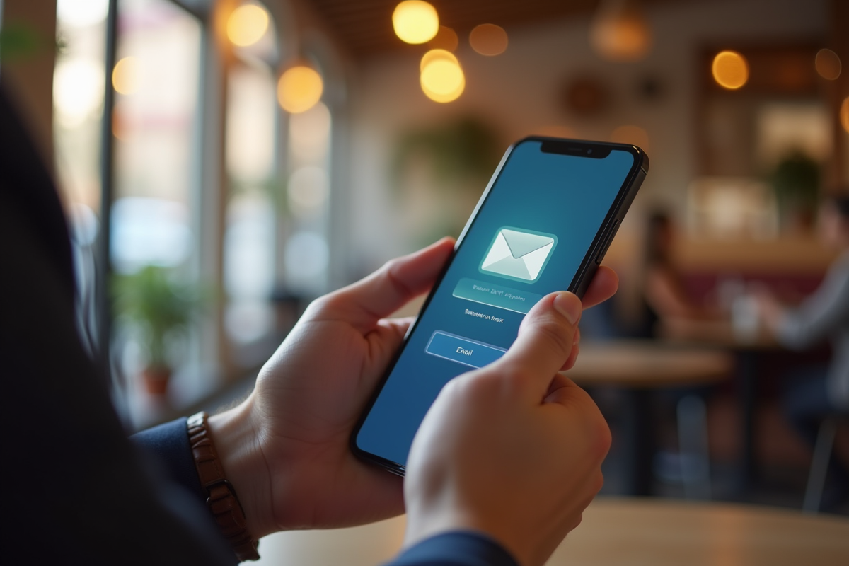 Main naviguant sur un smartphone dans un café à Nancy
